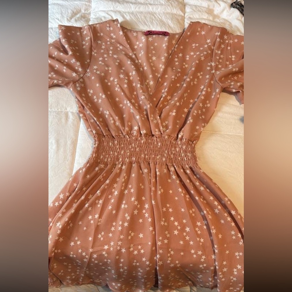 Peach Star Print Dress with Smocked Waist